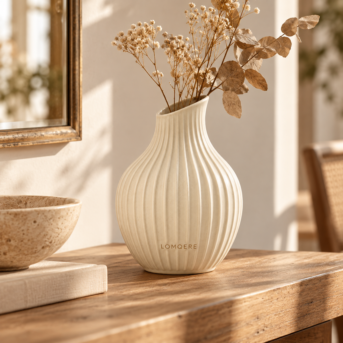 LOMQERE Ribbed Ivory Ceramic Vase